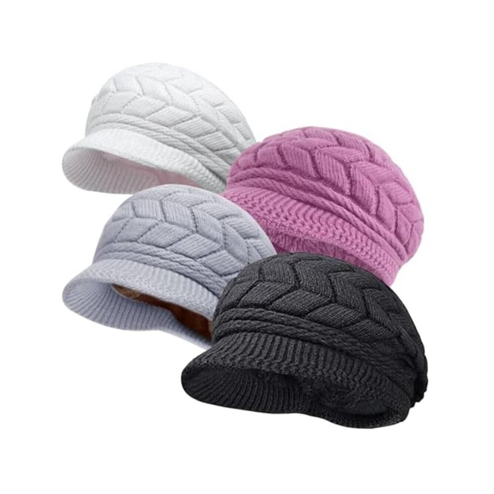 Cozy Knit Beanie 4 Pack Women Winter Hats Visor Brim
